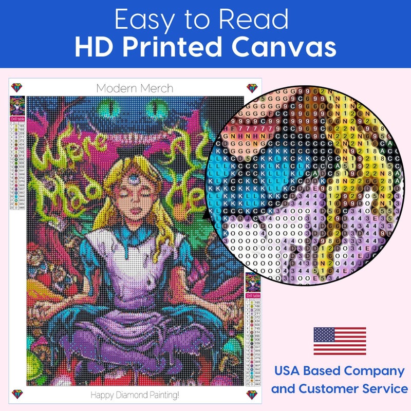 Modern Merch Alice in Wonderland Diamond Art Kits for Adults 'We're All Mad Here' 5D Diamond Painting for Adults, DIY Trippy Wall Art, Cross Stitch Gem Art, Full Round Drill 12x16 - Image 5