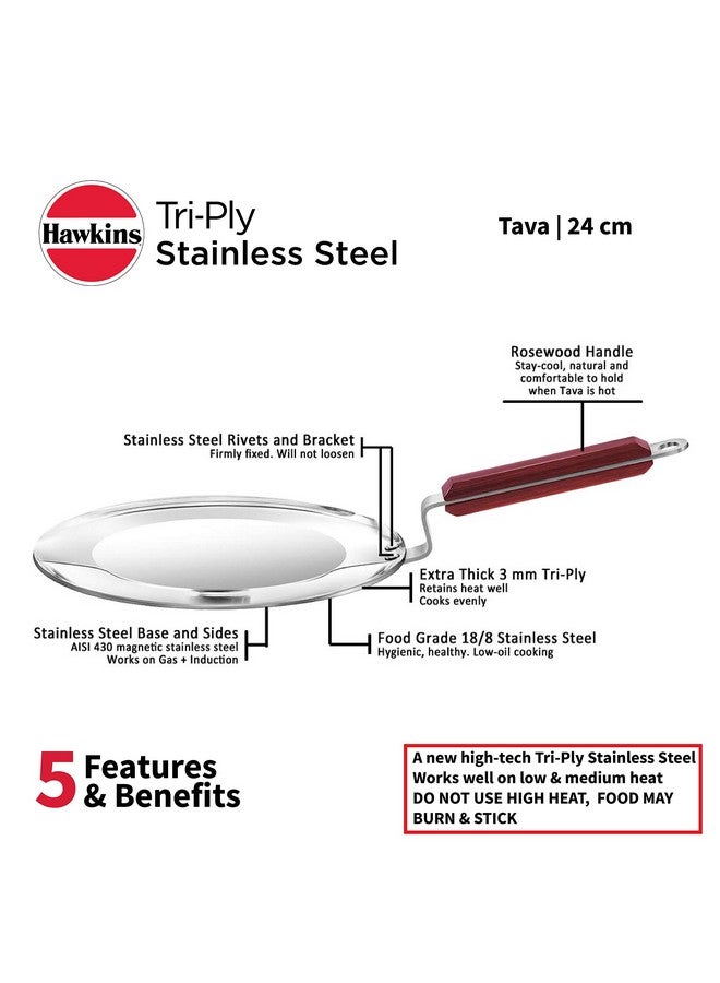 Hawkins 24 cm Tava, Triply Stainless Steel Tawa with Stainless Steel Handle, Induction Tawa, Silver (SSTV24) - Image 3
