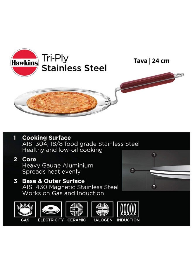 Hawkins 24 cm Tava, Triply Stainless Steel Tawa with Stainless Steel Handle, Induction Tawa, Silver (SSTV24) - Image 2