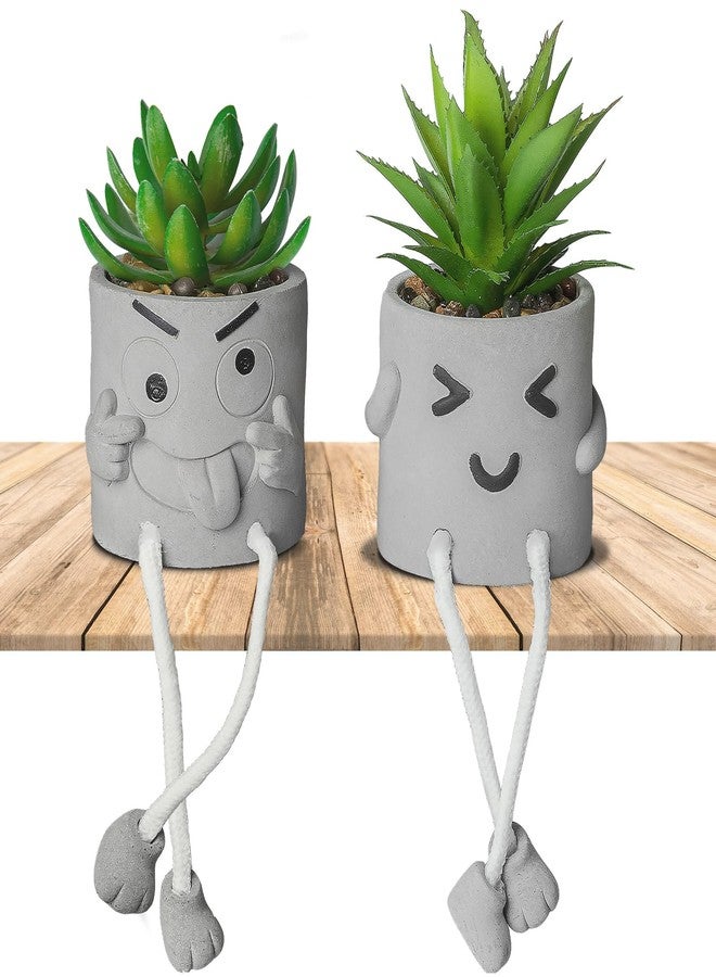 INFTYLE Creative Artificial Succulent Plants in pots - 2 Pieces Mini Fake Plant Faux Succulent Emotional Cement Potted for Home Desk Shelf Kitchen and Office Decor (2PCS) - Image 1