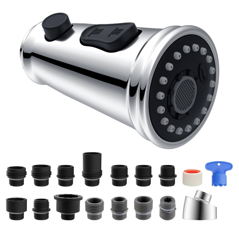 Hibbent Pull Down Kitchen Faucet Head Replacement NSFANSICAN 61 CUPC Certified 3Function Sink Spray Nozzle with 15 Adapters Compatible with Moen Delta Kohler FaucetsChrome