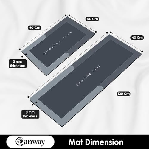 CANWAY Rectangular Kitchen Mat Set of 2 (40×60 & 120×40 CM) – Water Absorbing, Anti-Slip, Waterproof, Washable Floor Mats for Home, Cooking Area & Sink Runner, Grey - Image 2