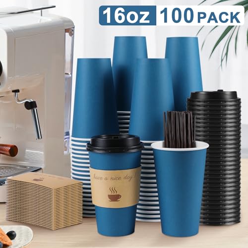 Clawsoff 100 Pack 16 oz Coffee Cups with Lids, Disposable To Go Paper Coffee Cups with Sleeves and Stirring Sticks for Hot/Cold Drinks Office Home Shop Event (Navy) - Image 3