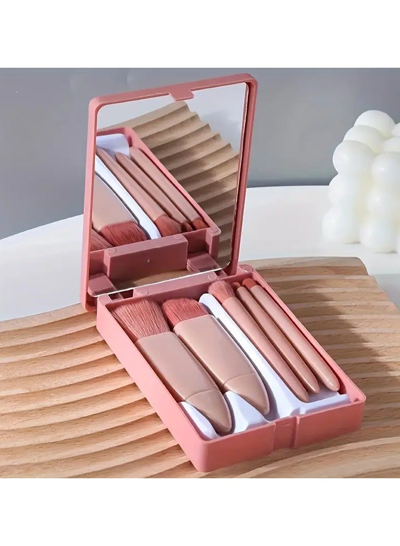 Mini Travel Makeup Brush Set With Mirror - Portable Cosmetic Kit For All Skin Types - Includes Powder Brush, Foundation Brush, Eyeshadow Brush, Lip Blending Brush - Unscented, Nylon Bristles, ABS Handle - Image 1