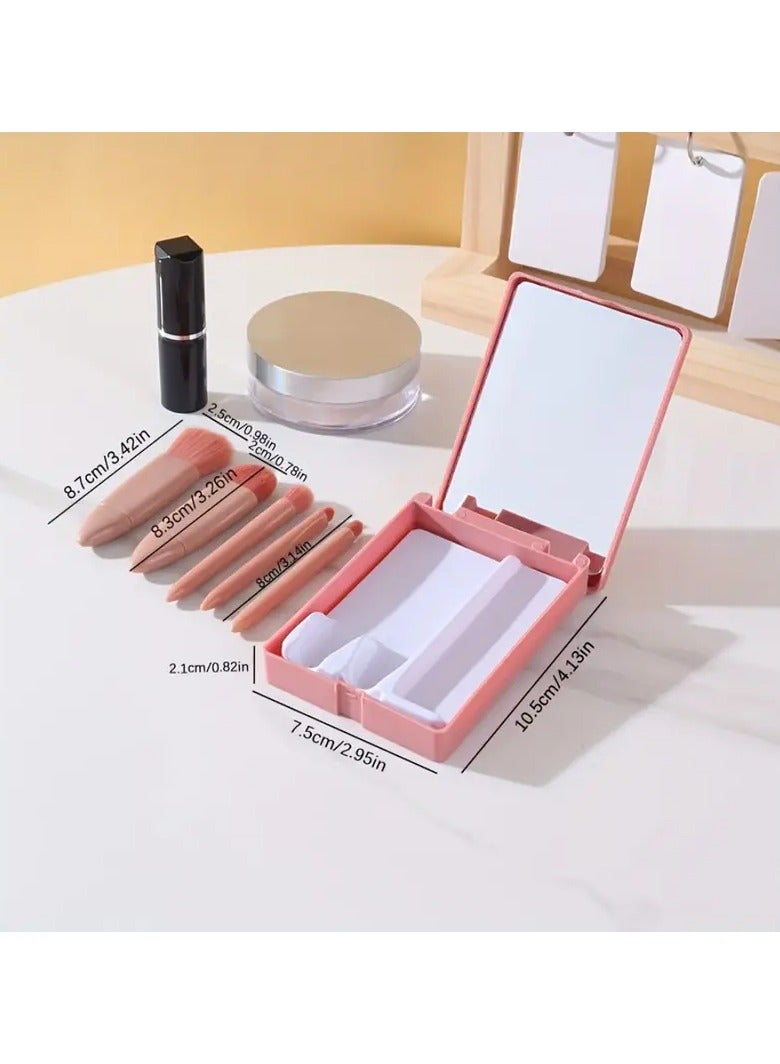 Mini Travel Makeup Brush Set With Mirror - Portable Cosmetic Kit For All Skin Types - Includes Powder Brush, Foundation Brush, Eyeshadow Brush, Lip Blending Brush - Unscented, Nylon Bristles, ABS Handle - Image 5