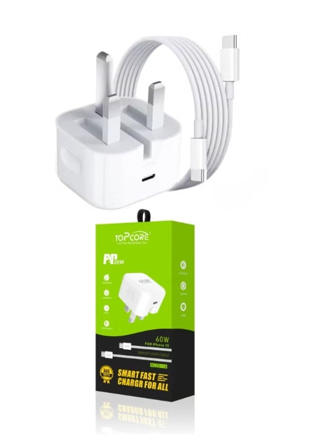 شاحن حائط سريع TOPCORE 20W PD مع كابل USB-C إلى USB-C مجدول بقوة 60W لهاتف iPhone 15 / 15 Pro / 15 Pro Max وiPad – أبيض