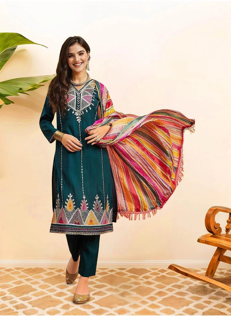 آي شين Women's Teal 100% Cotton Embellished Tunic Full Length Casual Straight Fit Kurta Set