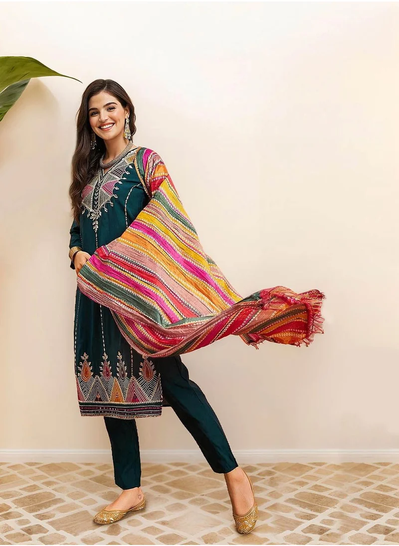 آي شين Women's Teal 100% Cotton Embellished Tunic Full Length Casual Straight Fit Kurta Set