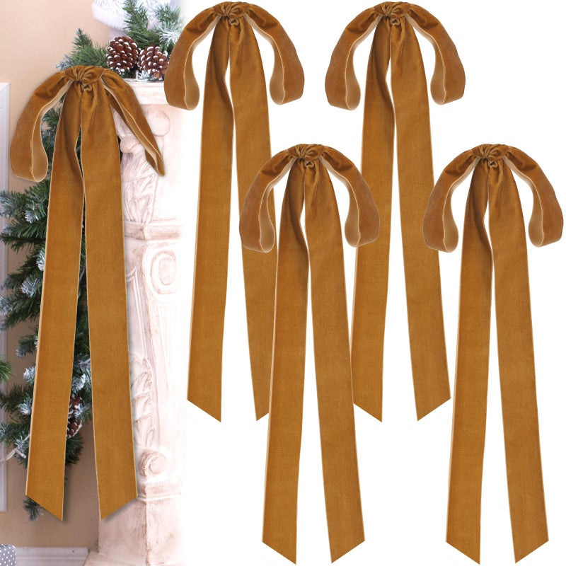 Joottuan 4 Pcs Velvet Christmas Bows 235 x 87 Inches Rustic Classic Style Khaki Color Velvet Material Christmas Occasion Holiday  General Decoration