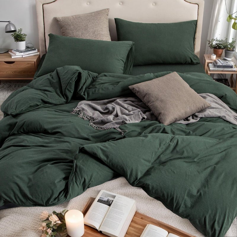 PURE ERA Jersey Knit Duvet Cover Set 100 TShirt Cotton Super Soft Comfy 3pc Bedding Set with Zipper Closure Solid Forest Green Queen 90X90