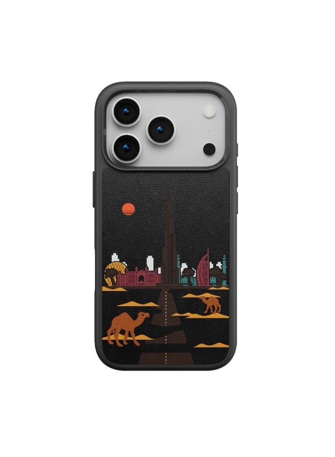 ليفيلو جراب فالو المصنوع من جلد البولي يوريثان لهاتف iPhone 17 Pro بتصميم تطريز دبي / مقاوم للخدش والتآكل / حواف مرتفعة للكاميرا والشاشة / مصد مقاوم للصدمات - أسود داكن - Image 1