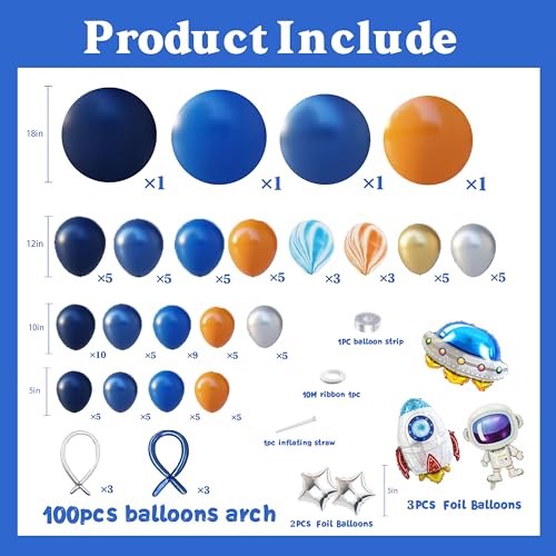 jenlion 111pcs Outer Space Balloon Garland Arch Kit with DIY 3D Planet Modeling Balloons 1812105 Inch Navy Blue Orange Agate Marble Latex UFO Rocket Astronaut Foil for First Trip Around The Sun - Image 5