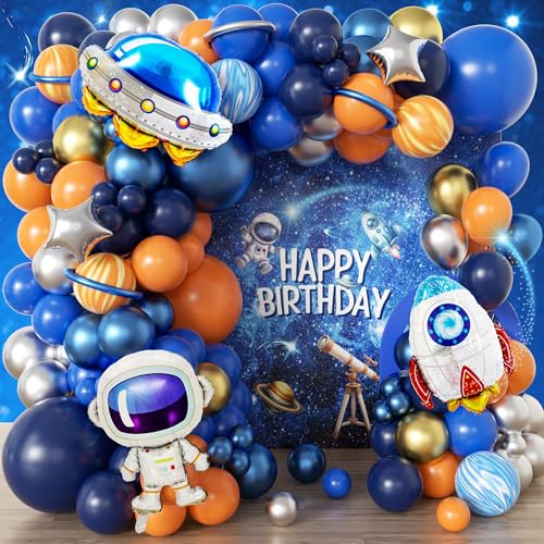 jenlion 111pcs Outer Space Balloon Garland Arch Kit with DIY 3D Planet Modeling Balloons 1812105 Inch Navy Blue Orange Agate Marble Latex UFO Rocket Astronaut Foil for First Trip Around The Sun - Image 1