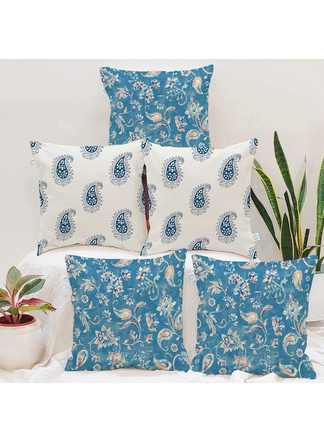 STITCHNEST Floral Decorative Blue and White Printed Poly Cotton Square Cushion Covers. (16 X 16 Inches, Set of 5) - Image 1