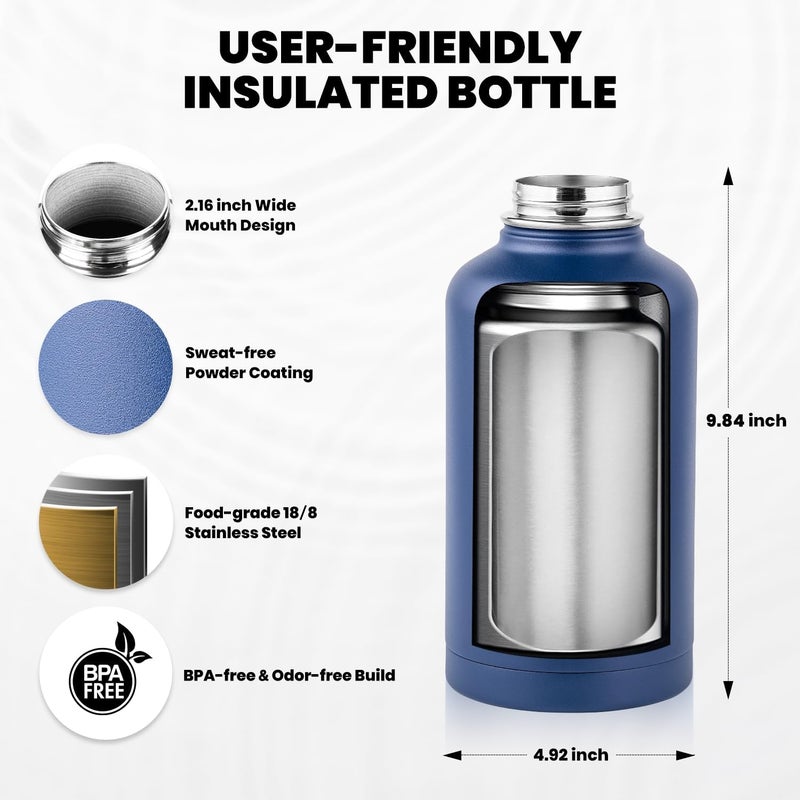 Insulated Water Bottle 64 oz, Triple Wall Vacuum Stainless Steel (Cold for 48 Hrs), Leak Proof & Non-BPA, Half Gallon Water Flask Jug with Paracord Handle & Straw Spout Lids, Navy Blue - Image 5
