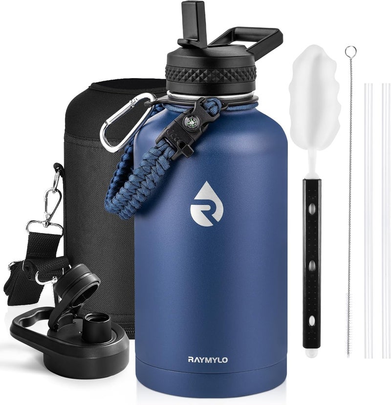 Insulated Water Bottle 64 oz, Triple Wall Vacuum Stainless Steel (Cold for 48 Hrs), Leak Proof & Non-BPA, Half Gallon Water Flask Jug with Paracord Handle & Straw Spout Lids, Navy Blue - Image 1
