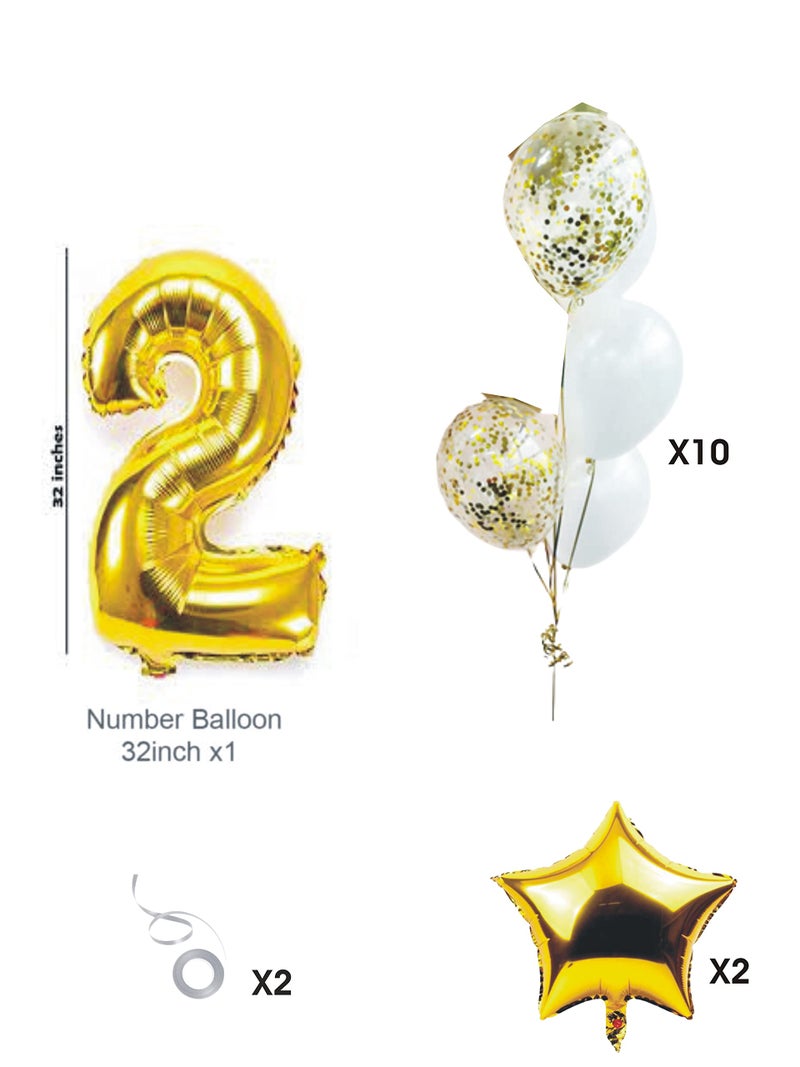 Lazybeee Golden white Balloon Set with Large Number 2 (32-inch) and golden star foil for Birthday Decorations for girl boy 2nd birthday Theme Foil Balloons - Image 2