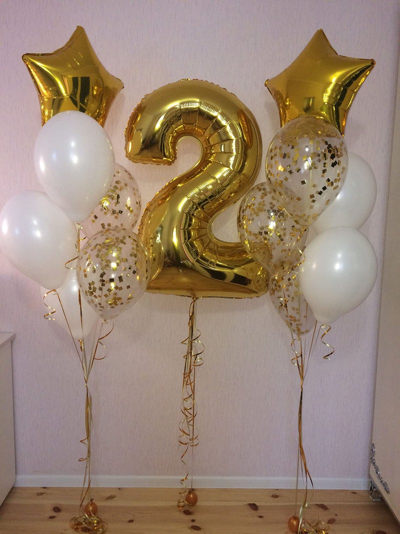 Lazybeee Golden white Balloon Set with Large Number 2 (32-inch) and golden star foil for Birthday Decorations for girl boy 2nd birthday Theme Foil Balloons - Image 5
