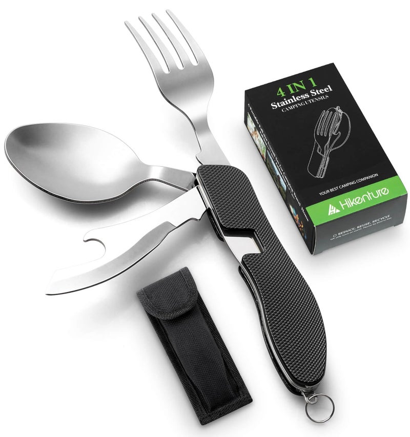 Camping Utensil HIKENTURE 4In1 Stainless Steel Fork Knife Spoon Bottle Opener Set with Storage Case Black