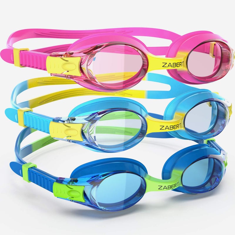 ZABERT K20 Swimming Goggles for Kids Toddler Youth Girls Boys Junior Jr Childrens Child Little Age 3 4 5 6 7 8 9 10 Years Anti Fog Blue Yellow Green Pink Clear, 3 Pack - Image 3