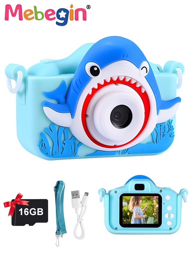 MEBEGIN Shark Shape Kids Toy Camera for Kids 1080P HD Toddler Digital Video Camera with 16G SD Card,Portable HD 48 Million Pixels Kids Selfie Camera Perfect Birthday Gifts Blue  - Image 1