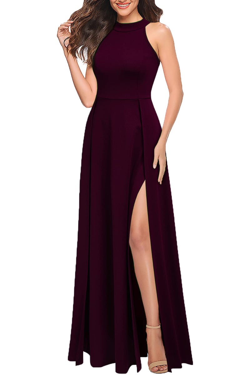 MUSHARE Women's Halter Neck Sexy Split Cocktail Party Maxi Long Formal Dress Burgundy - Image 3