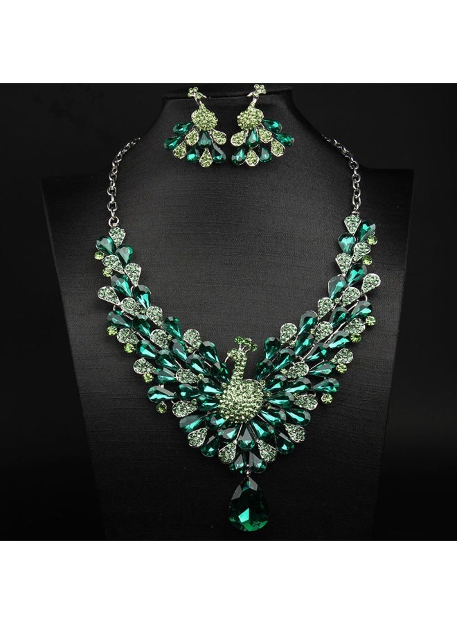 NIBEMINENT New Arrival: 7-Color Sparkling Full-Diamond Peacock Necklace and Earring Set