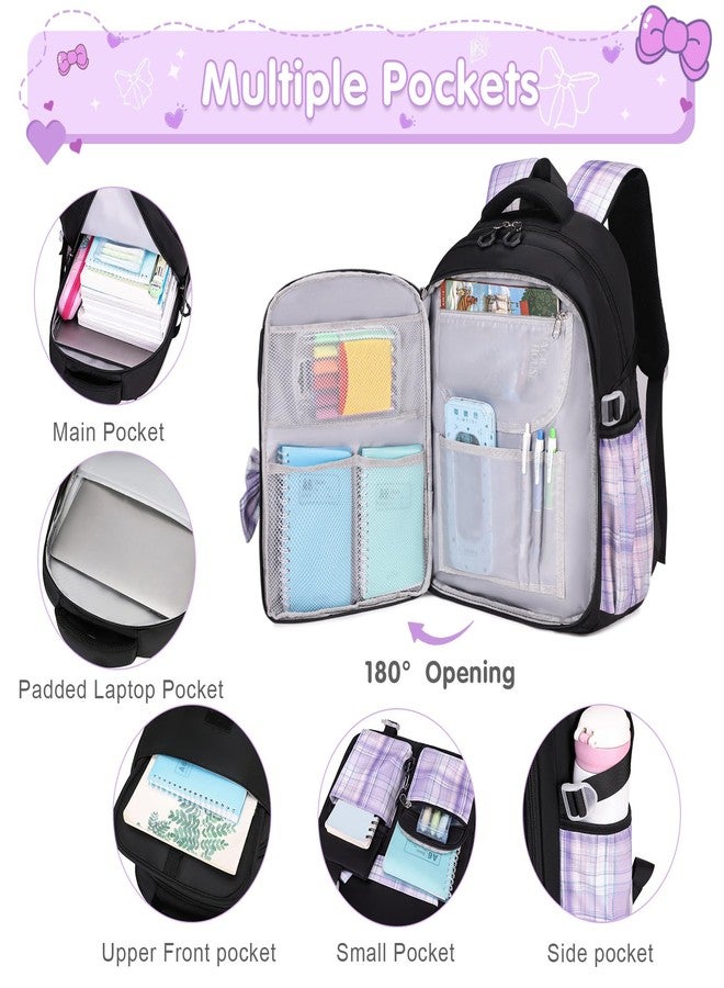 ACESAK Girls Backpack - 3PCS Backpack for Girls Cute School Backpacks for Girls Kindergarten, Black-purple, Medium - Image 3