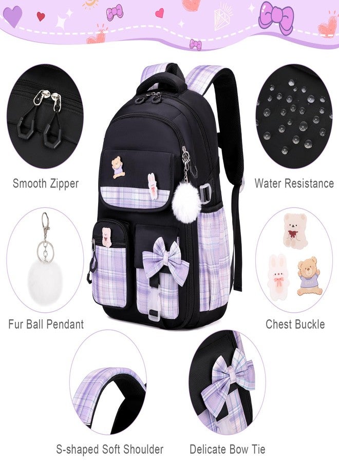 ACESAK Girls Backpack - 3PCS Backpack for Girls Cute School Backpacks for Girls Kindergarten, Black-purple, Medium - Image 4