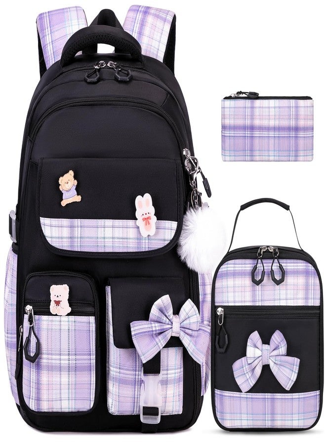 ACESAK Girls Backpack - 3PCS Backpack for Girls Cute School Backpacks for Girls Kindergarten, Black-purple, Medium - Image 1