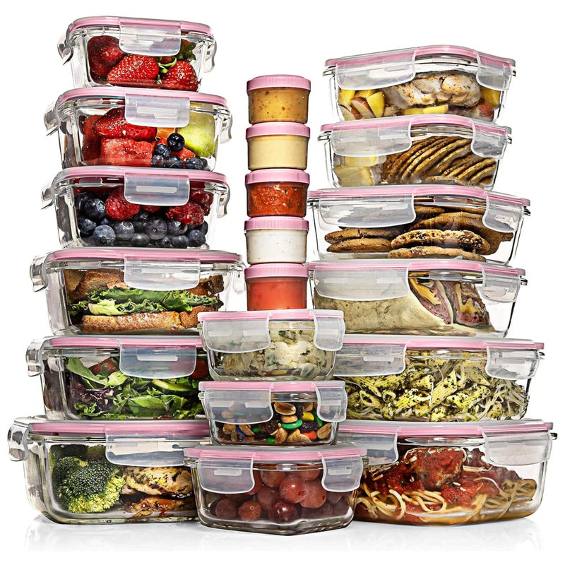 Razab 35 Pc Set Glass Food Storage Containers with Lids - Meal Prep Airtight Bento Boxes BPA-Free 100% Leak Proof (15 lids,15 glass & 5 Plastic Sauce/Dip Containers) - Image 1