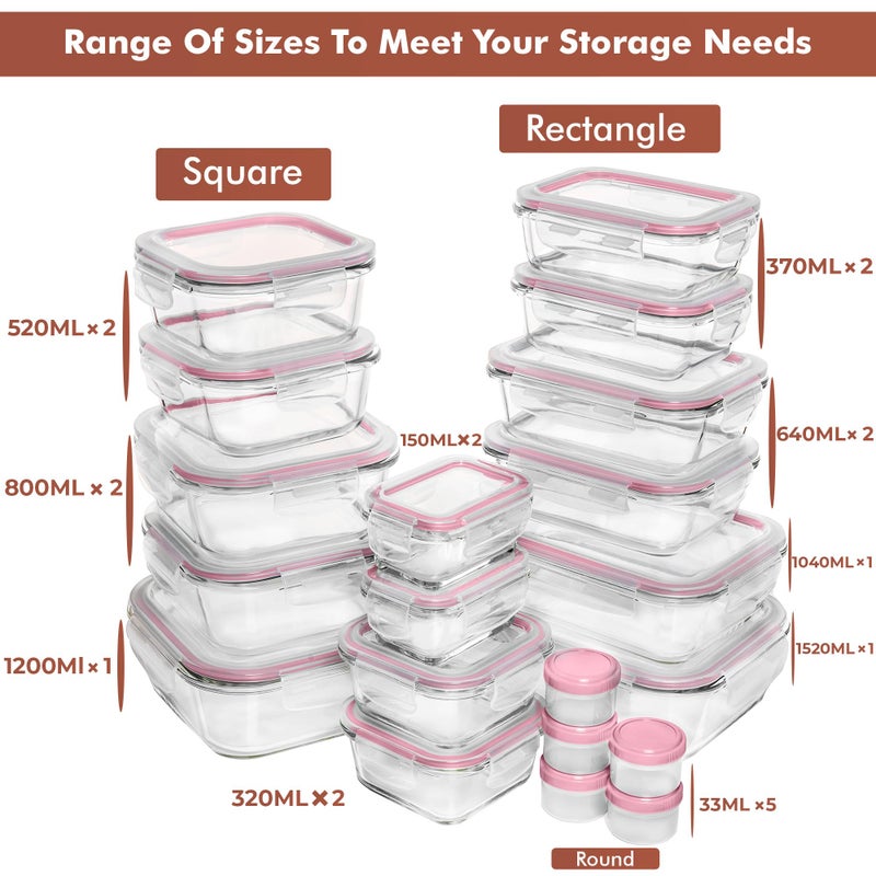 Razab 35 Pc Set Glass Food Storage Containers with Lids - Meal Prep Airtight Bento Boxes BPA-Free 100% Leak Proof (15 lids,15 glass & 5 Plastic Sauce/Dip Containers) - Image 2