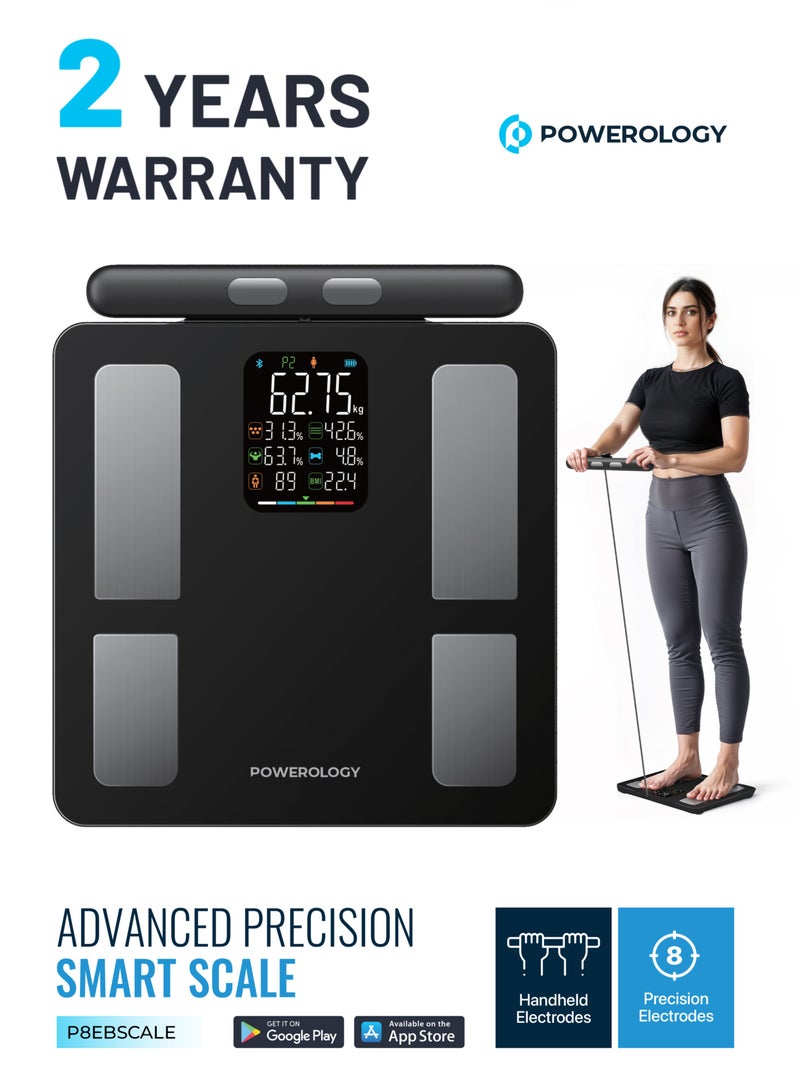 باورولوجي ميزان ذكي متقدم الدقة مزود بأقطاب كهربائية محمولة وتحليل ذكي/ يعمل مع التطبيق/ دهون الجسم/ مستوى الترطيب/ عضلات الجسم/ كثافة العظام/ درجة العافية/ مؤشر كتلة الجسم - أسود - Image 1
