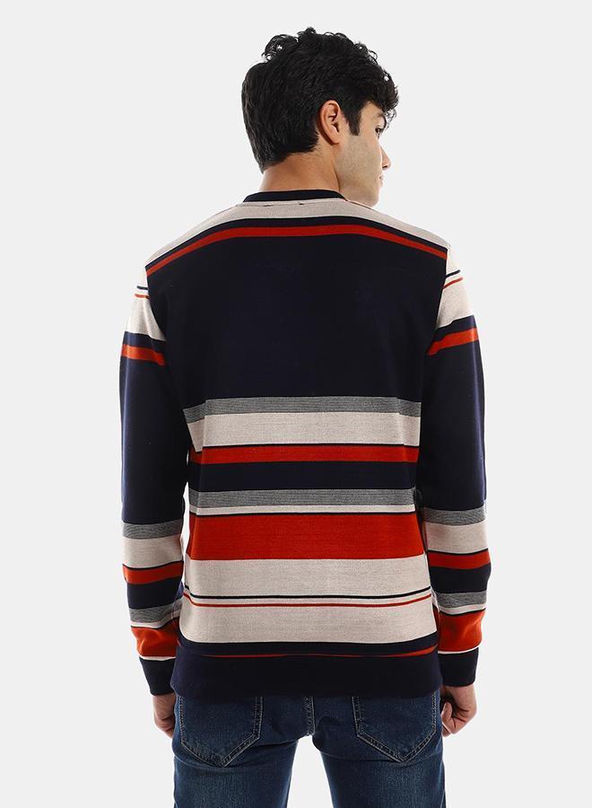 kady Striped V-Neck Fleeced Pullover - Navy Bue - Image 2