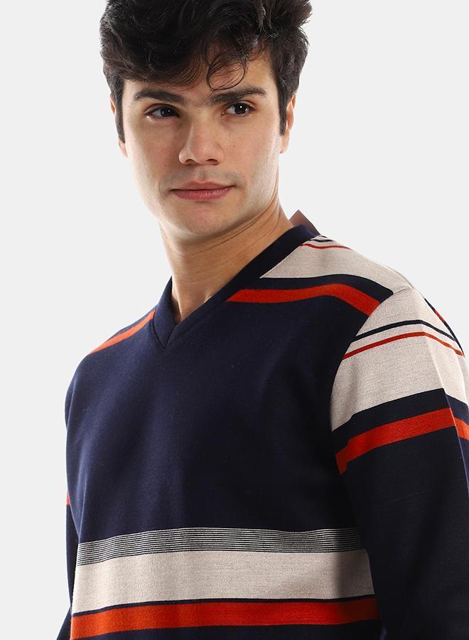 kady Striped V-Neck Fleeced Pullover - Navy Bue - Image 3