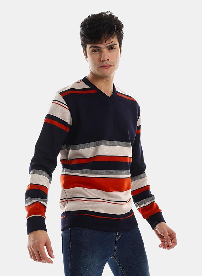 kady Striped V-Neck Fleeced Pullover - Navy Bue - Image 1