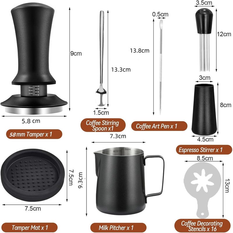Gmnuiy 22 PCS Espresso Accessories Kitï¼Œ58mm Coffee Tamper Set ï¼ŒBarista Kitï¼Œ - with Frothing Pitcherï¼ŒWDT Toolï¼ŒStirrerï¼ŒTamper Mat ï¼ŒCoffee Stencilsï¼ŒLatte Art Pen - Image 2