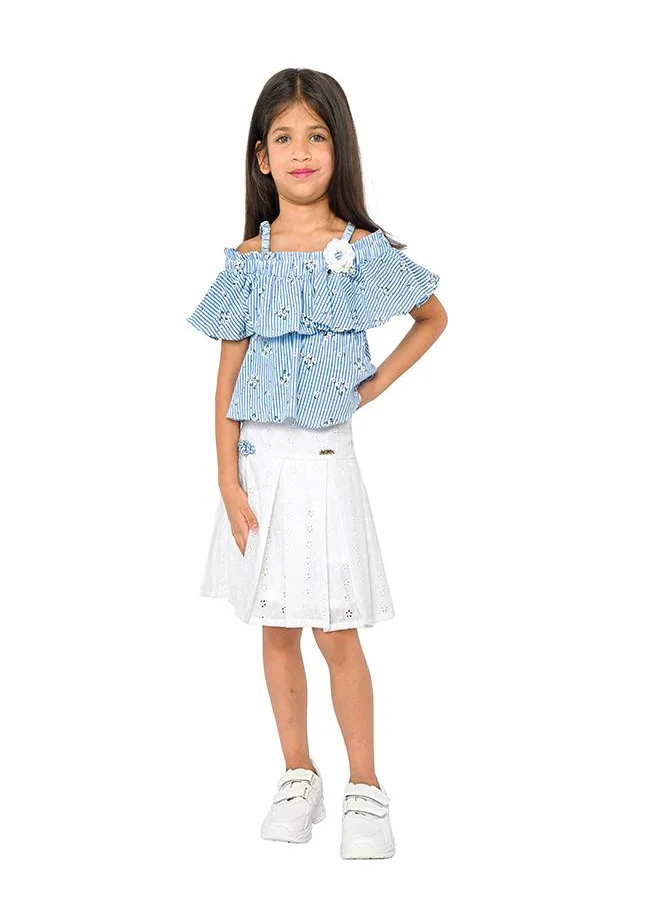 babyqlo Chic blue off-shoulder top and white skirt set