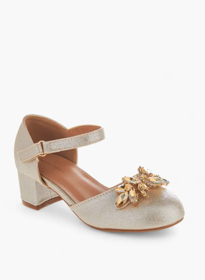 Flora Bella By Shoexpress GOLD Girls Embellished Ballerinas With Hook And Loop Closure for Women | Best Price UAE