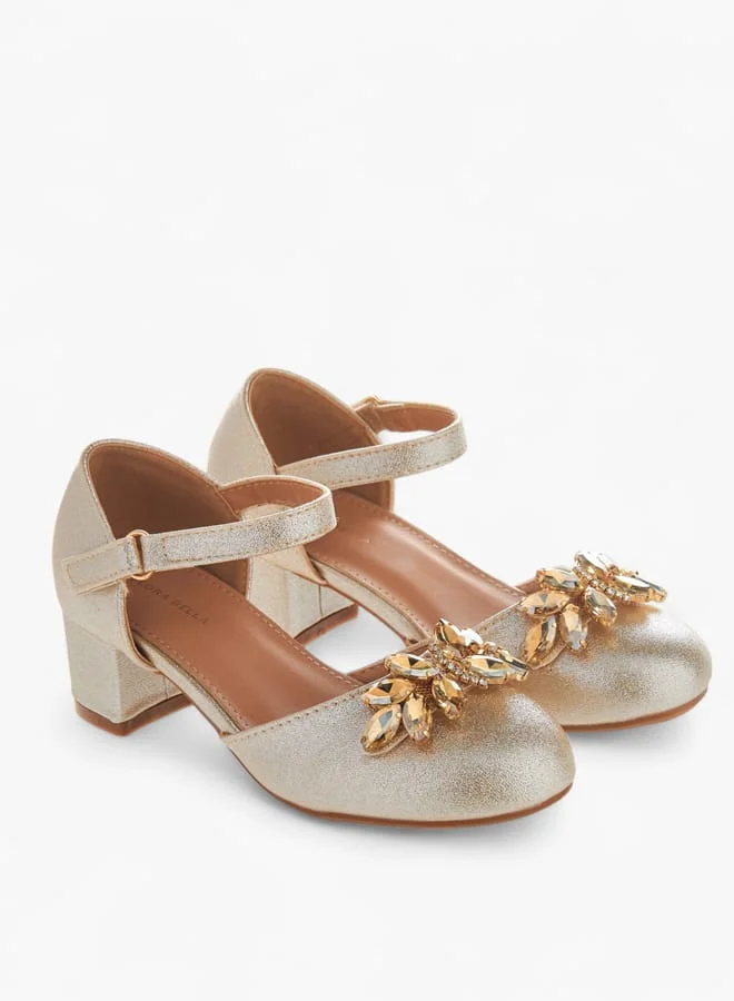 Flora Bella By Shoexpress GOLD Girls Embellished Ballerinas With Hook And Loop Closure for Women | Best Price UAE