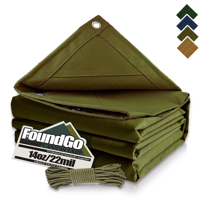 FoundGo Canvas Tarp 10x16ft Heavy Duty Waterresistant Tarps with Grommets UV Resistant 22 Mil Tarpaulin14 oz Durable Cloth Covers for Car Roof Boat Camp Canopy Woodpile with RopesMoss