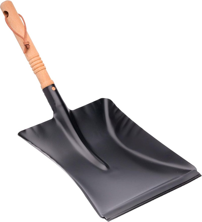 Heavy Duty Steel Dust Pan, Powder-Coated Black, Large Dustpan with Long 17-3/4-Inches Oiled Beechwood Handle for Home and Outdoor Use, Industrial Quality, Made in Germany