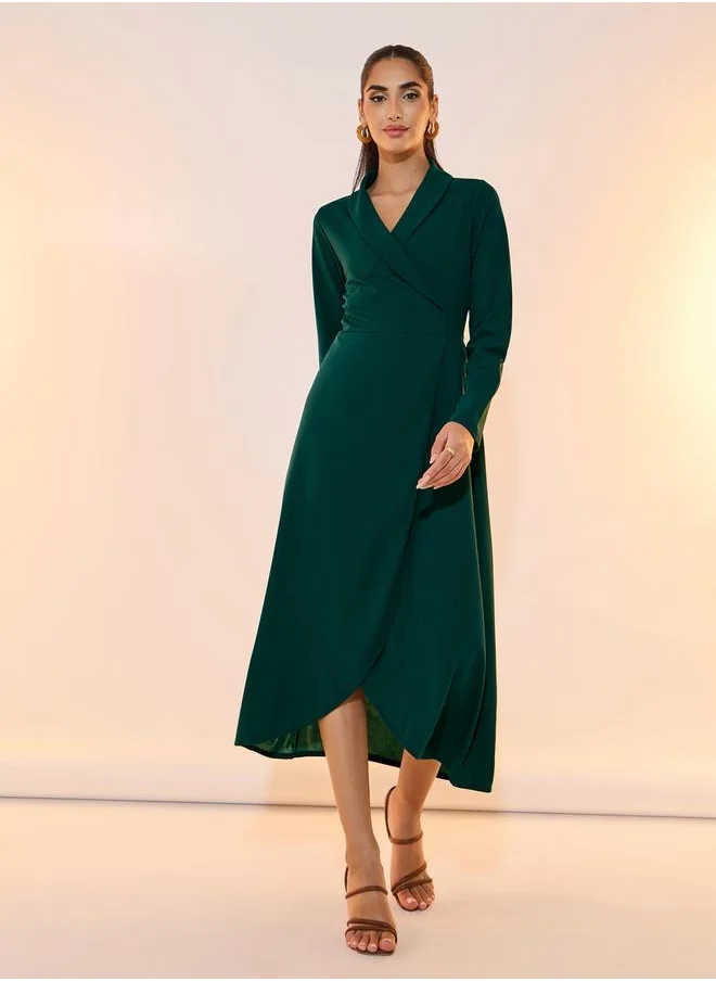Take Two Collared Wrap Front Midi Dress