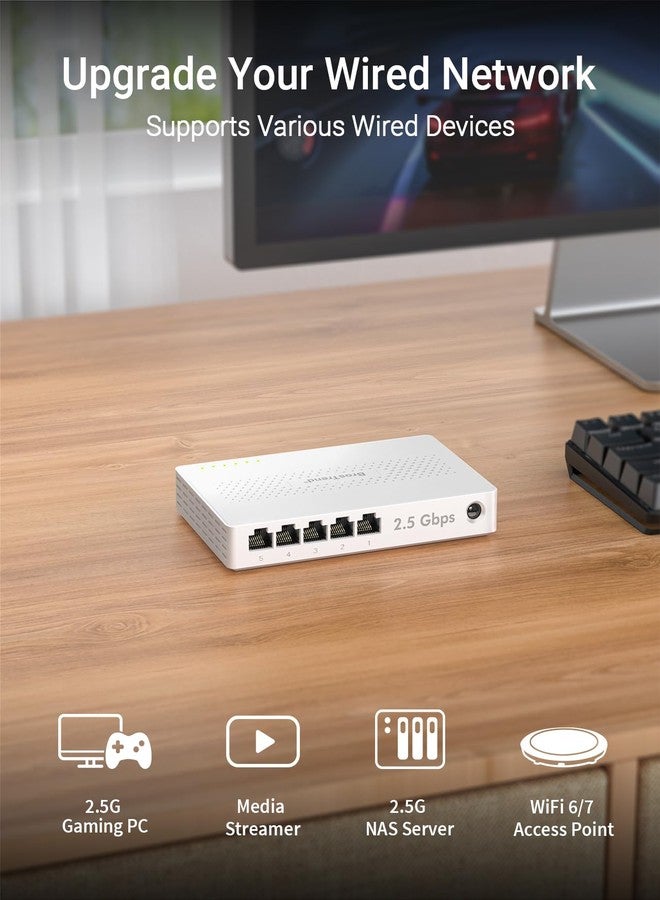 BrosTrend 5 Port 2.5GB Switch, Unmanaged Ethernet Switch for Game Console, PC, NAS, etc. 2.5 Gigabit Network Switch Fanless Plug & Play, Multi-Gigabit Switch, Desktop / Wall Mount, Lifetime Protection - Image 3