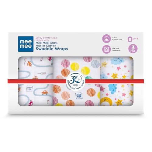 Mee Mee 100% Muslin Cotton Swaddle Wrapper Set (Pack of 3) | Soft, Quick-Drying & Highly Absorbent Baby Blanket Towel | Printed Mulmul Cloth for Newborn Essentials (Multicolour, 120 × 100 cm) - Image 1