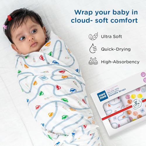 Mee Mee 100% Muslin Cotton Swaddle Wrapper Set (Pack of 3) | Soft, Quick-Drying & Highly Absorbent Baby Blanket Towel | Printed Mulmul Cloth for Newborn Essentials (Multicolour, 120 × 100 cm) - Image 3