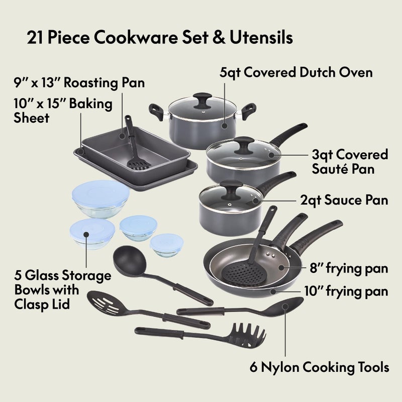 bella Cookware Set with Glass Lids with Nonstick, PFOA Free and Scratch Resistant Surface, Aluminum Bakeware, Pots and Pans, Storage Bowls & Utensils, Compatible with All Stovetops, 21 Piece, Gray - Image 2