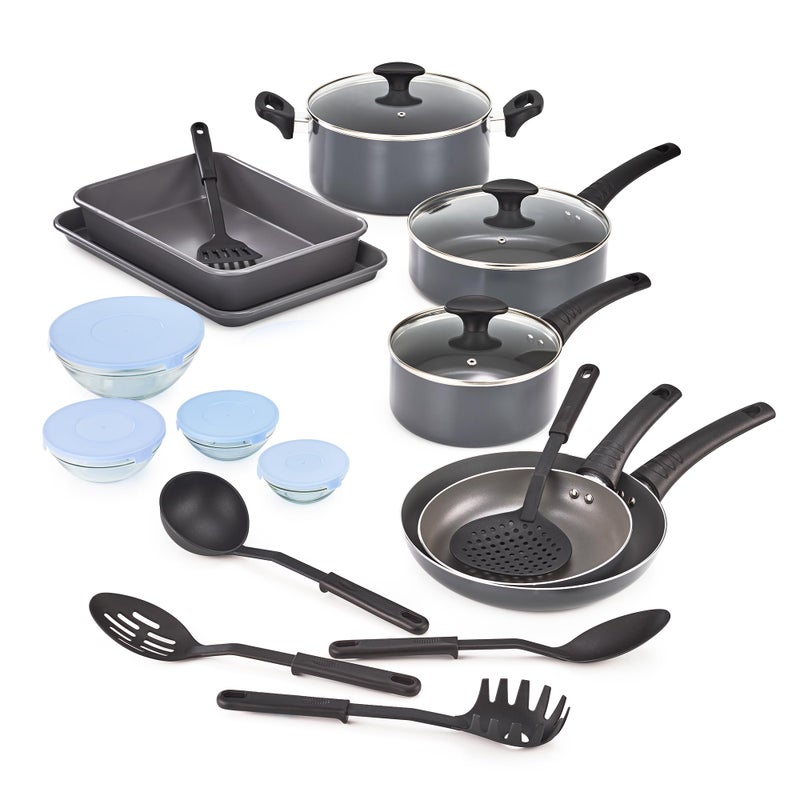 bella Cookware Set with Glass Lids with Nonstick, PFOA Free and Scratch Resistant Surface, Aluminum Bakeware, Pots and Pans, Storage Bowls & Utensils, Compatible with All Stovetops, 21 Piece, Gray - Image 1