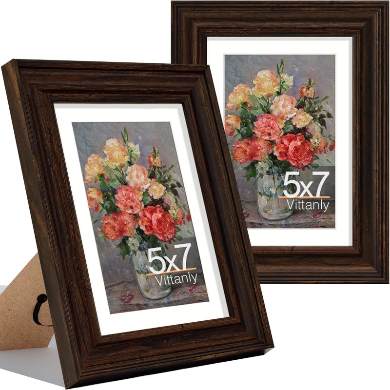 Vittanly 5x7 Picture Frames Set of 2  Ornate Vintage Photo Frame for Wall or Tabletop  Display 4x6 Pictures with Mat or 5x7 without Mat  Rustic Brown - Image 1