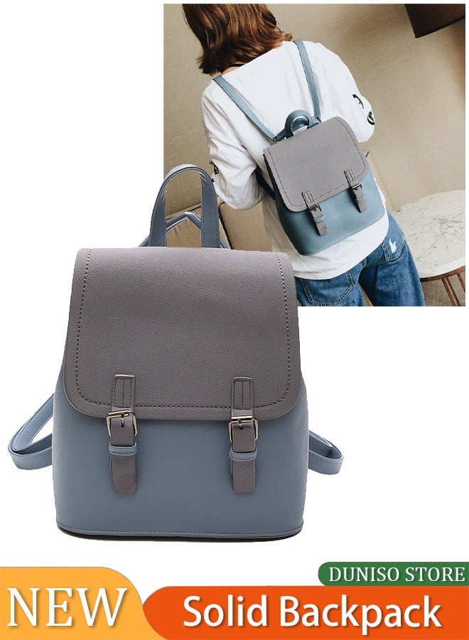 Women's Fashion Purse Leather Backpack, Casual Ladies Shoulder Bag, Potable Lightweight Cute Travel Backpack, Waterproof School Bag for Women Teen Girls (Grey/Blue)  - Image 1